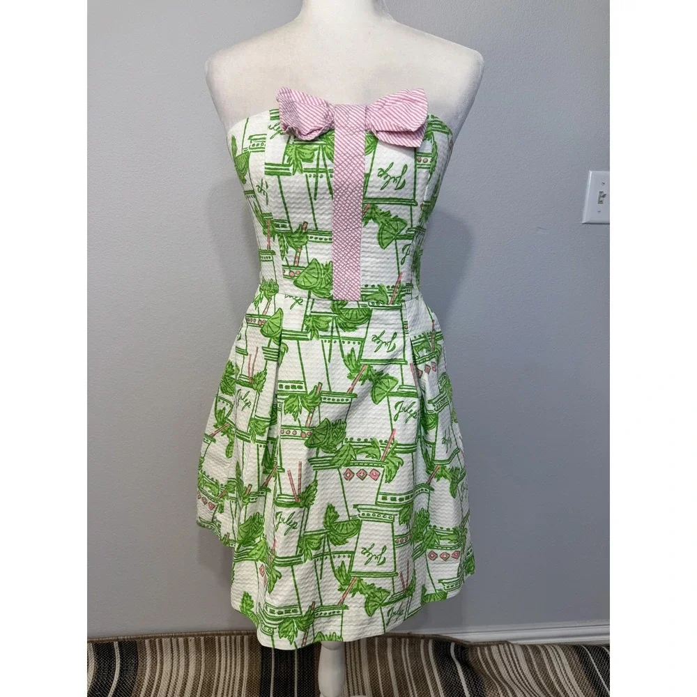 Lilly Pulitzer Dress Women's 4 Mint Julep Derby Strapless Bow Green Pink White - Picture 2 of 16